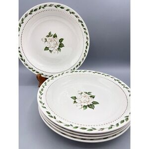 Vtg 6 Pc Hall China Cameo Rose Dinnerware Bowls 8" White Rose Floral Soup Pasta